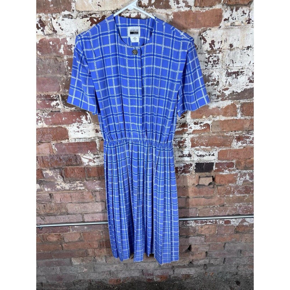 Leslie Fay Womens Blue Plaid Midi Dress Short Sleeve Button Front Vintage 10